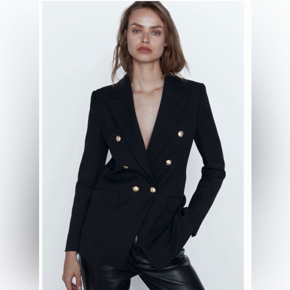 Zara Black Double-Breasted Blazer with Gold Buttons